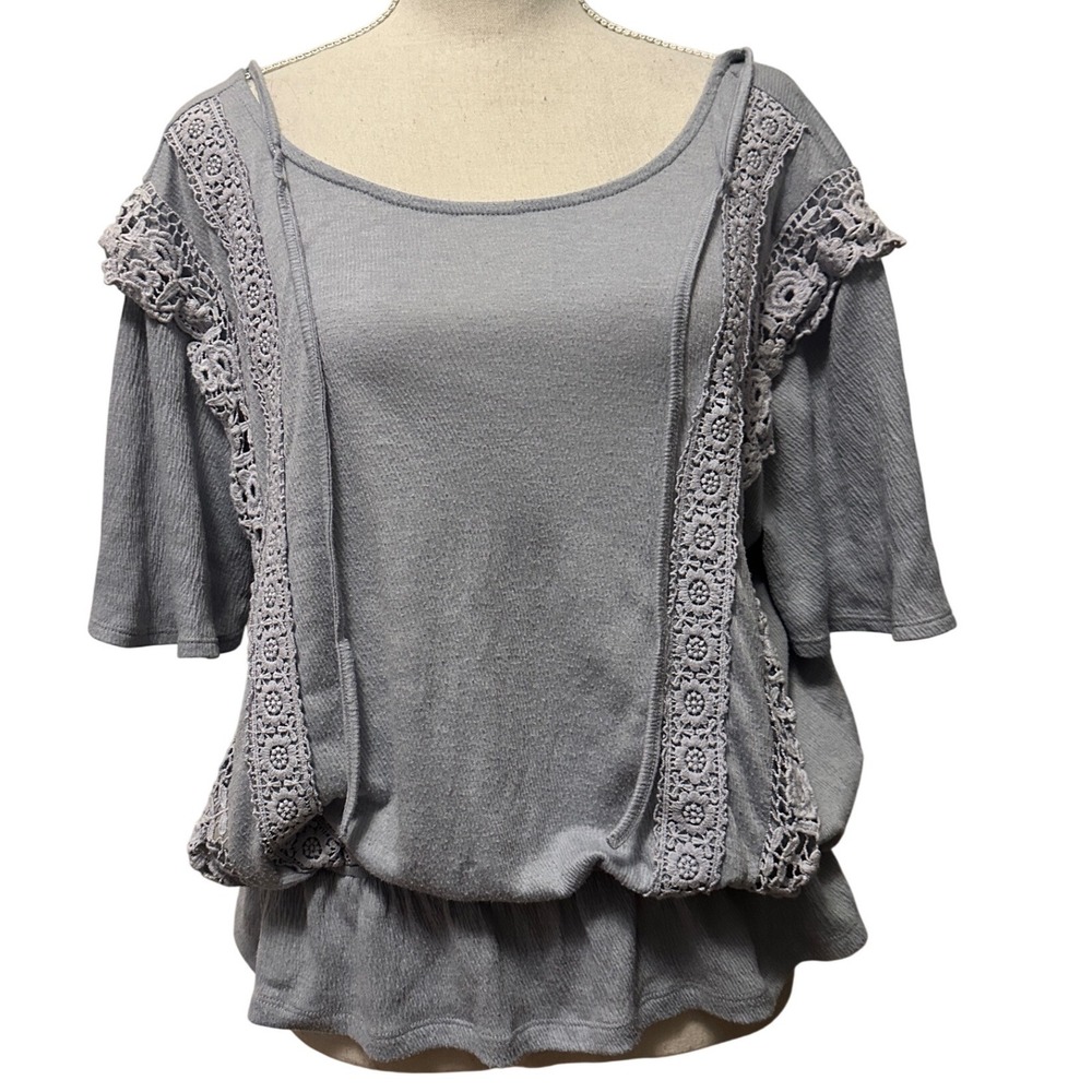 Easel Women's Crochet Lace Trim Ribbed Peplum Top Blue S Boho Cottagecore Summer